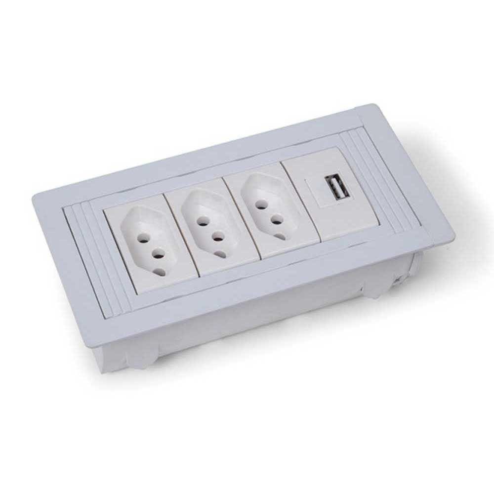 Caixa Regua Tomada De Embutir 3 Tomadas 1 Usb Charger - Branca