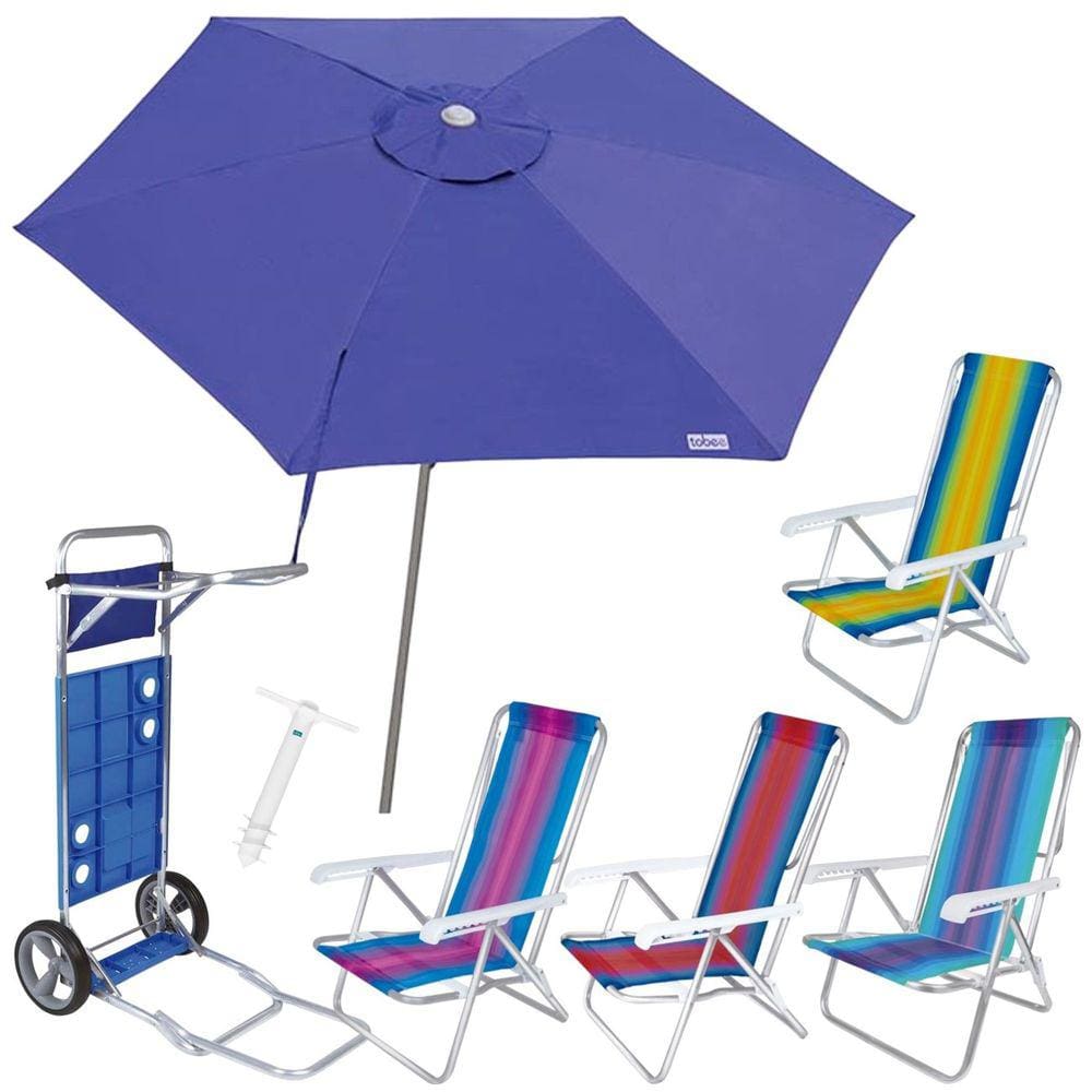 Kit Guarda Sol Ombrelone 2,4m Malibu Carrinho De Praia Avanço 4 Cadeira Reclinável 8 Posições Saca Areia - Tobee