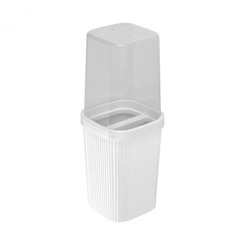Porta Escovas e Creme Dental com Tampa Classic Frisos Branco -PLASÚTIL