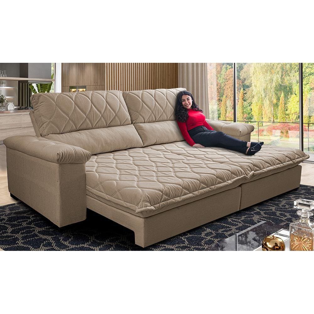 Sofá Retrátil e Reclinável 2,55m Molas Ensacadas Cama inBox Big Home Bordado 3D Linho Bege Escuro