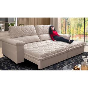 Sofá Retrátil e Reclinável 2,35m Molas Ensacadas Cama inBox Big Home Bordado 3D Linho Bege Claro