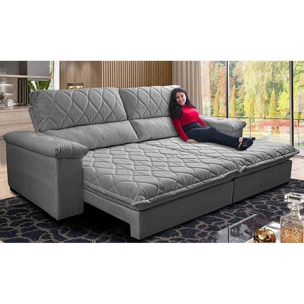 Sofá Retrátil e Reclinável 2,75m Molas Ensacadas Cama inBox Big Home Bordado 3D Linho Cinza Claro