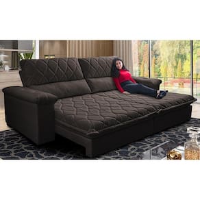 Sofá Retrátil e Reclinável 2,75m Molas Ensacadas Cama inBox Big Home Bordado 3D Linho Marrom