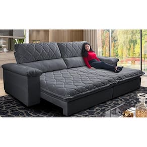 Sofá Retrátil e Reclinável 2,35m Molas Ensacadas Cama inBox Big Home Bordado 3D Linho Cinza Escuro