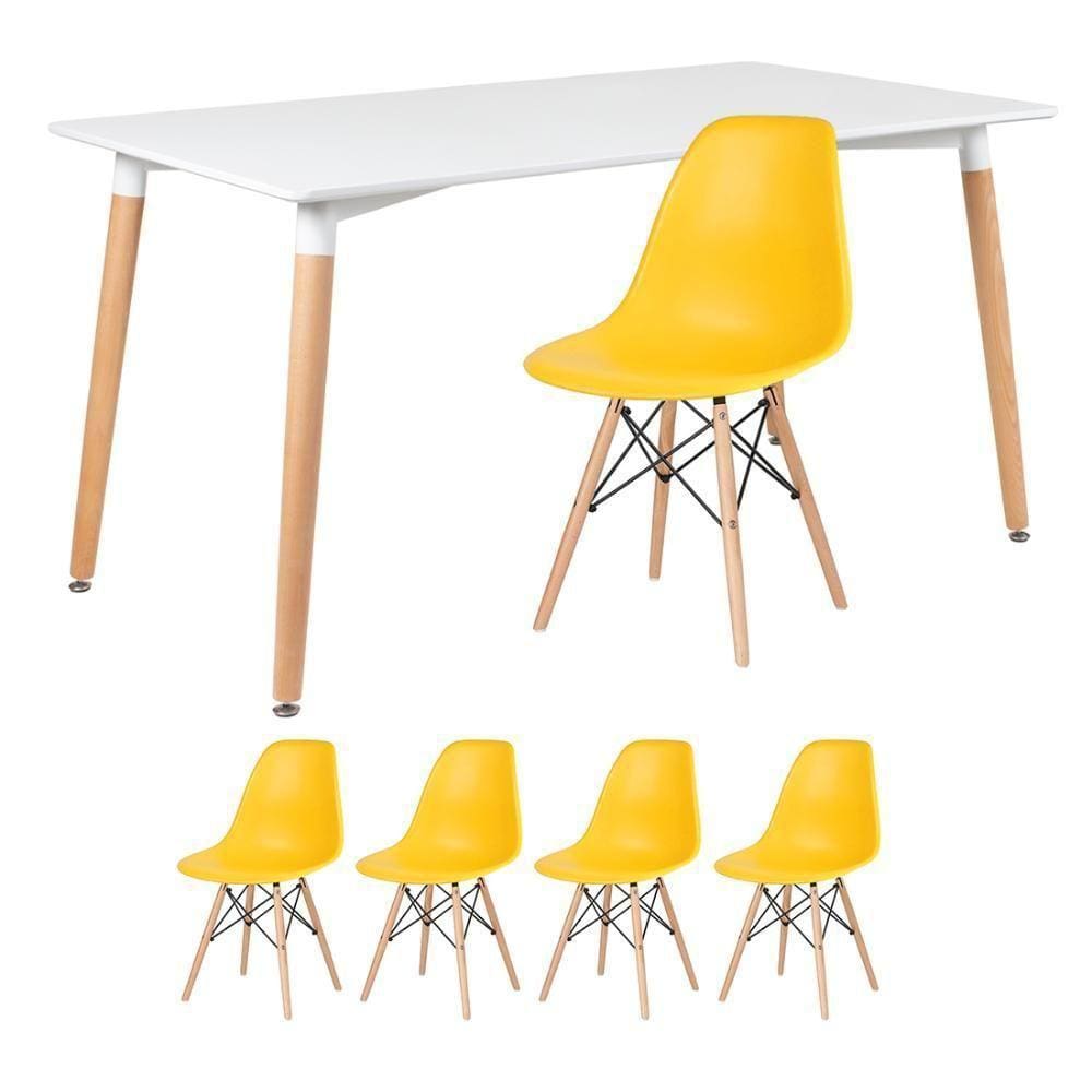 Mesa De Jantar 80 X 140 Cm Branco + 4 Cadeiras Amarelo