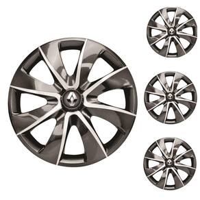 Jogo Calota Aro 13 Prime Graphite Silver Elitte Grafite Prata + Emblema Resinado Renault (Sandero Logan Clio Scenic Megane Kwid)