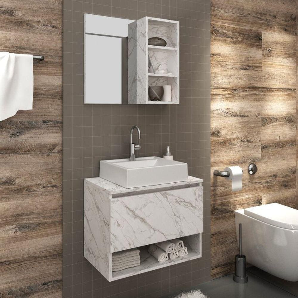 Conjunto para Banheiro com 2 Peças 1 Gabinete 1 Porta e 1 Espelheira com 1 Prateleira Tecno Mobili Mármore Branco