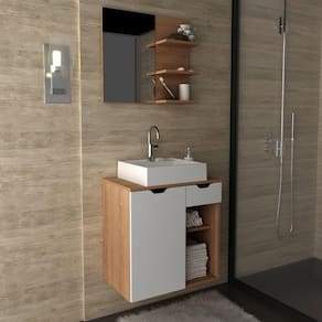 Conjunto para Banheiro com 2 Peças Gabinete 2 Gavetas e Espelheira com 1 Prateleira Tecno Mobili Amêndoa/Branco