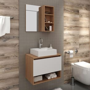 Conjunto para Banheiro com 2 Peças 1 Gabinete 2 Gavetas e 1 Espelheira com 1 Prateleira Tecno Mobili Amêndoa/Branco