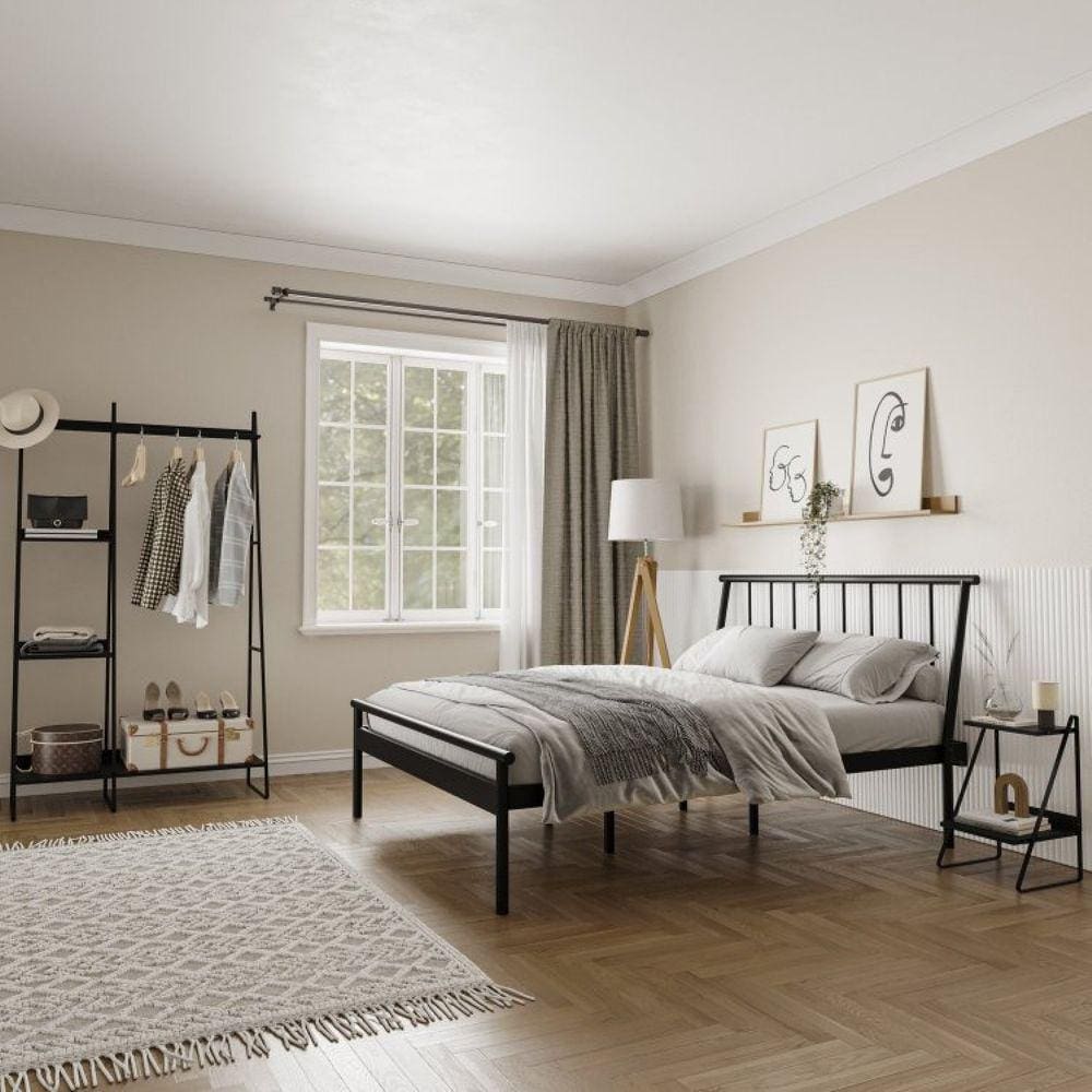 Conjunto Cama Queen 2 Mesa de Cabeceira e Arara de Roupas em Aço Begônia CabeCasa MadeiraMadeira Preto Fosco