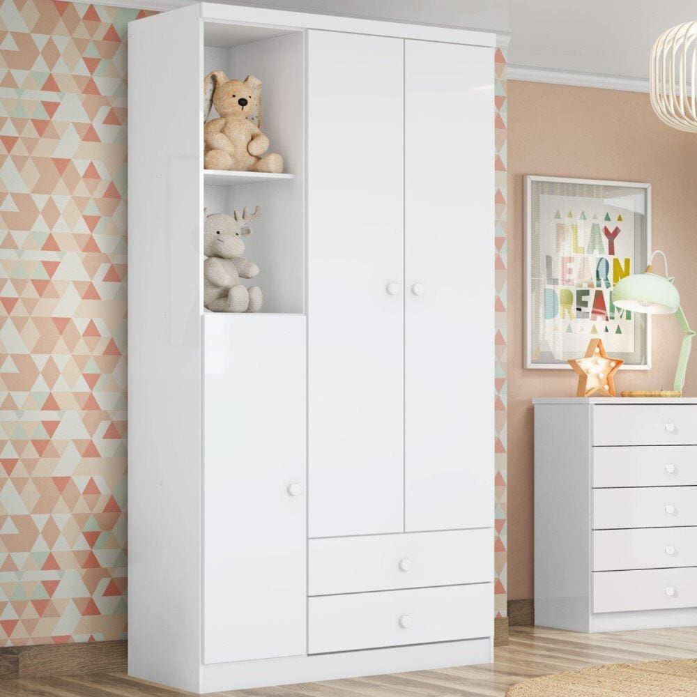 Guarda Roupa de Bebe 3 Portas 2 Gavetas 2 Nichos Pique-Esconde Henn Branco/Rosa Chá