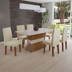 Conjunto Sala de jantar Nina e 6 Cadeiras Venus Vieiro Pinho/Off/Bege