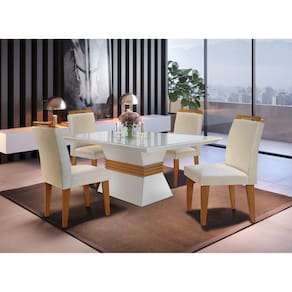 Conjunto Sala de Jantar Mesa Clarice 120x80cm Tampo Vidro/MDF Canto Reto com 4 Cadeiras Athenas Rufato Off White/Imbuia