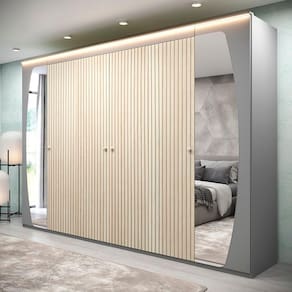 Guarda Roupa Casal com Efeito Ripado, Espelho e LED 6 Portas 6 Gavetas Inovação Gelius Móveis Cinza/Off White Ripado