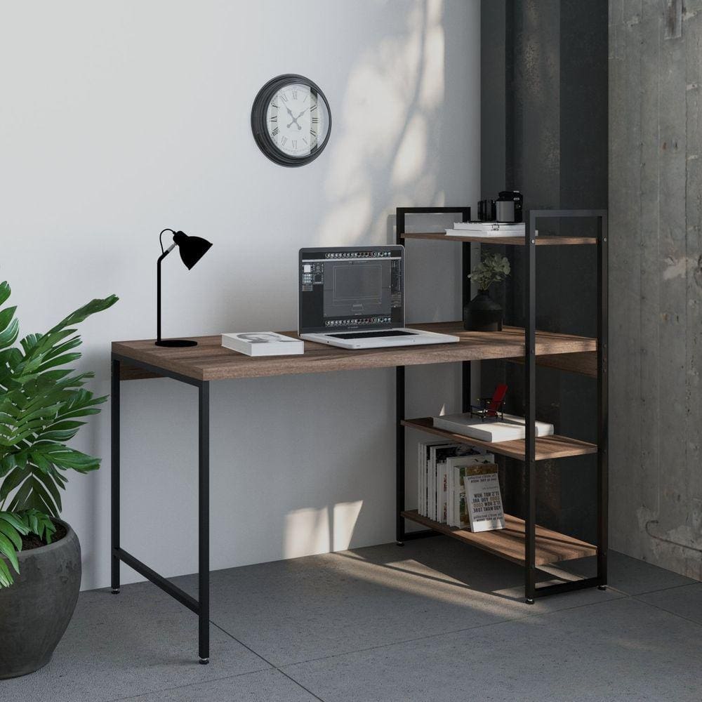 Escrivaninha com Estante 3 Prateleiras Estilo Industrial 135cm Active Yescasa Nogal