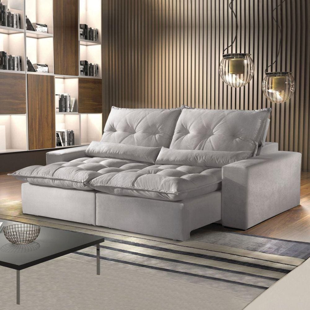 Sofá Retrátil e Reclinável 5 Lugares 290cm Avalon Super Pillow Montano Estofados Veludo Cinza