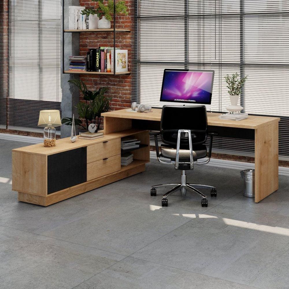 Escrivaninha para Escritório em L Executiva 200x180cm com Balcão Cayman Yescasa Vermont Oak/Preto Trama