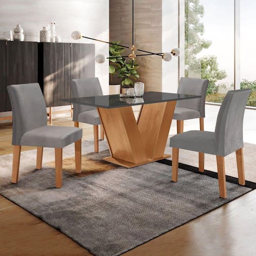 Conjunto Sala de Jantar Mesa Tampo MDF/Vidro e 4 Cadeiras Espanha Yescasa Cinamomo/Grafite/Veludo - Marrom