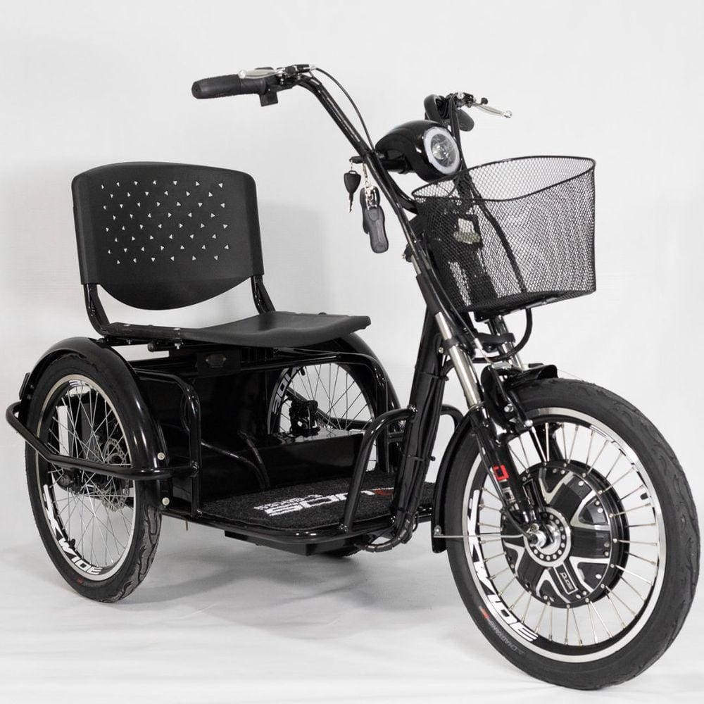 Triciclo Elétrico 800W Lítio Ré Farol e Alarme Fox Preto com Cestinha