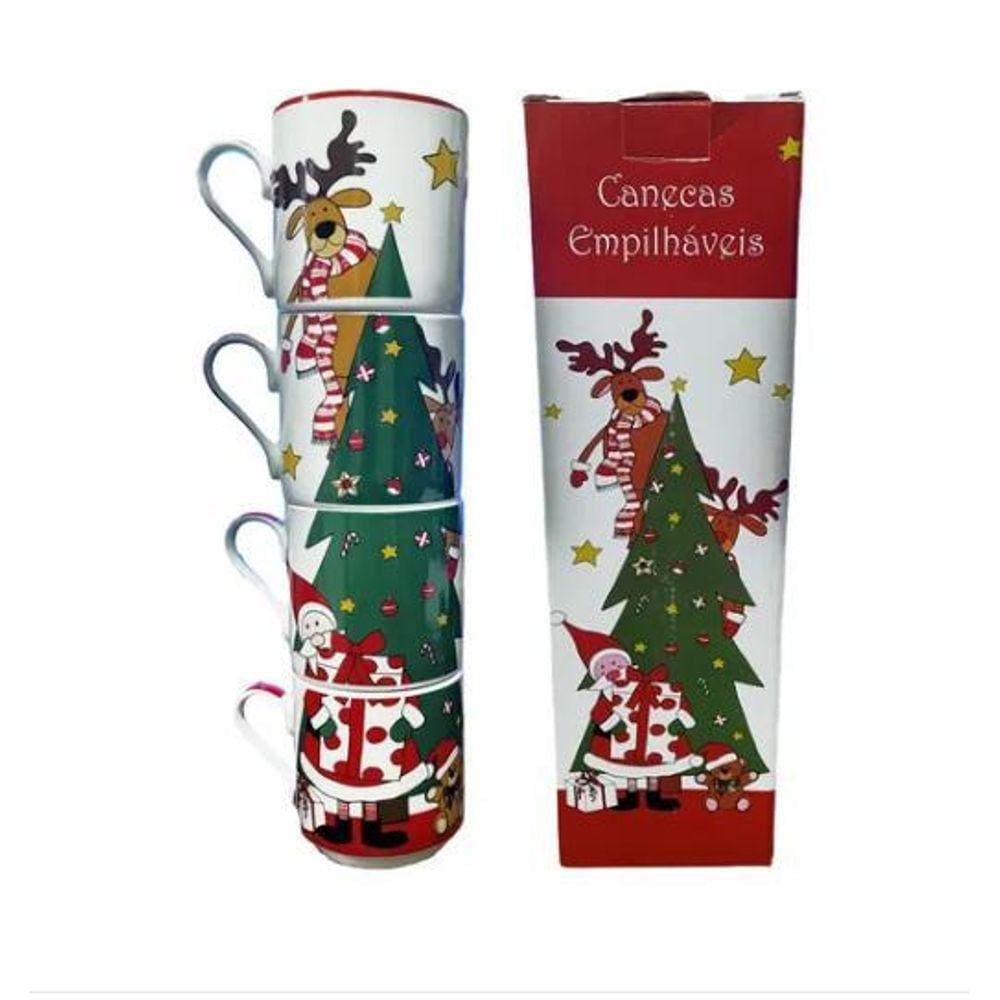 Jogo De Canecas Natalina Empilháveis Porcelana 275Ml 4 Pçs
