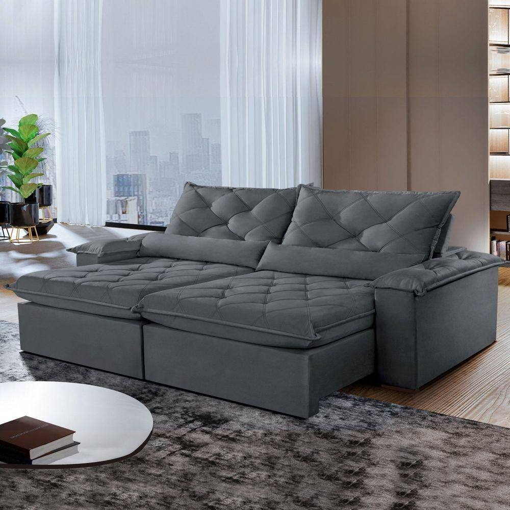 Sofá Retrátil e Reclinável 5 Lugares 280cm Diamond Super Pillow Montano Estofados Veludo Grafite