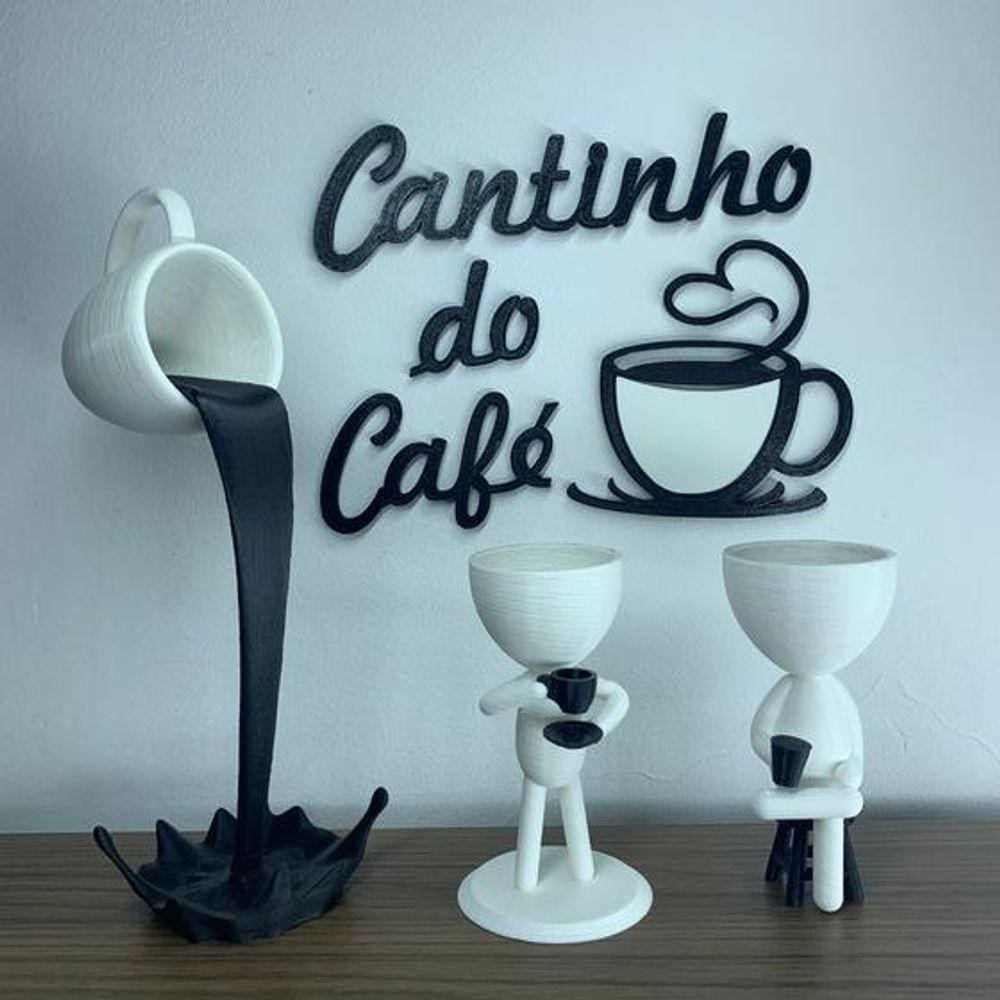 Kit Decorativo Cantinho do Café - Robert Plant Xícara Flutuante e Letreiro Branco com Preto - Bizza Art e Decor