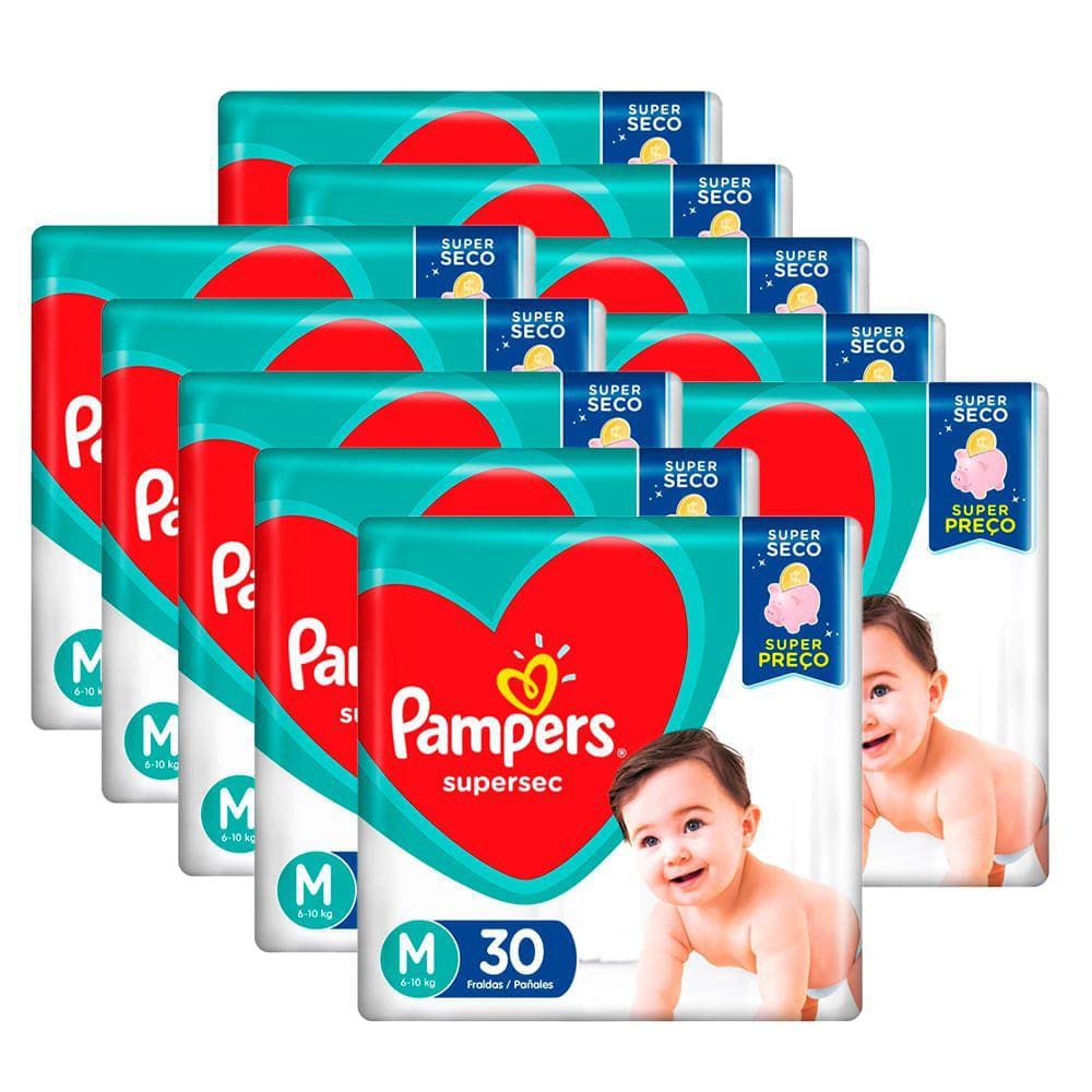 Kit 10 Fraldas Pampers Supersec Pacotão M - 300 Tiras