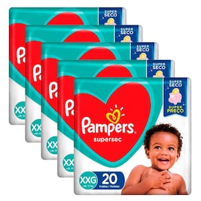 Kit 5 Fraldas Pampers Supersec Pacotão XXG - 100 Tiras