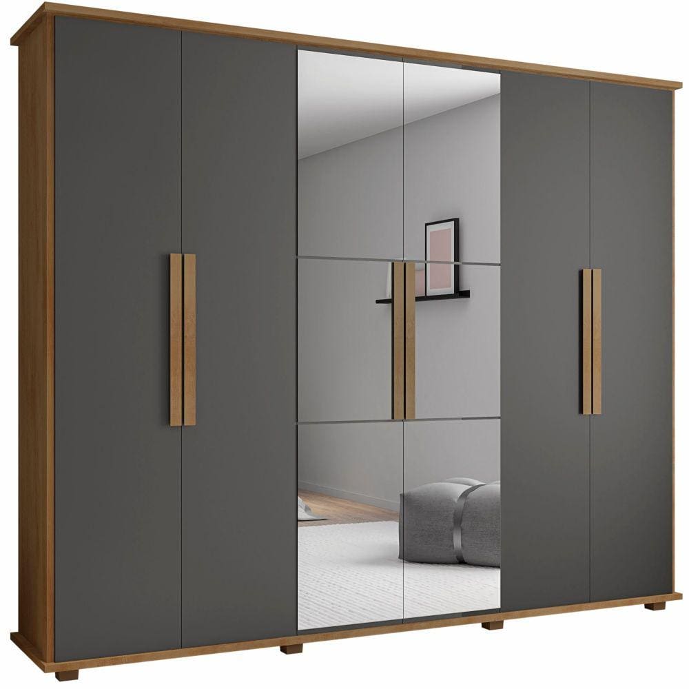 Guarda Roupa Casal 6 portas com Espelho e 4 Gavetas Canadá RV Móveis – Naturale/Grafite