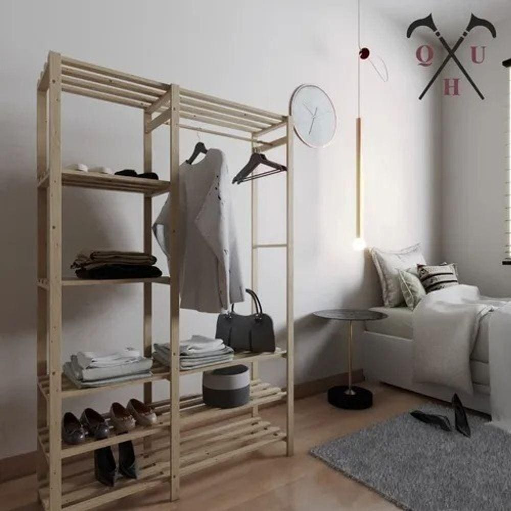 Prateleiras Pinus Com Cabideiro Expositor Roupas E Tenis