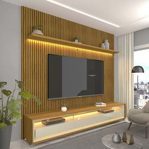 Rack com Painel Impressão Ripada para TV até 75 Polegadas com LED com Rodízios Requinte 220cm Gelius Móveis Naturale/Off White