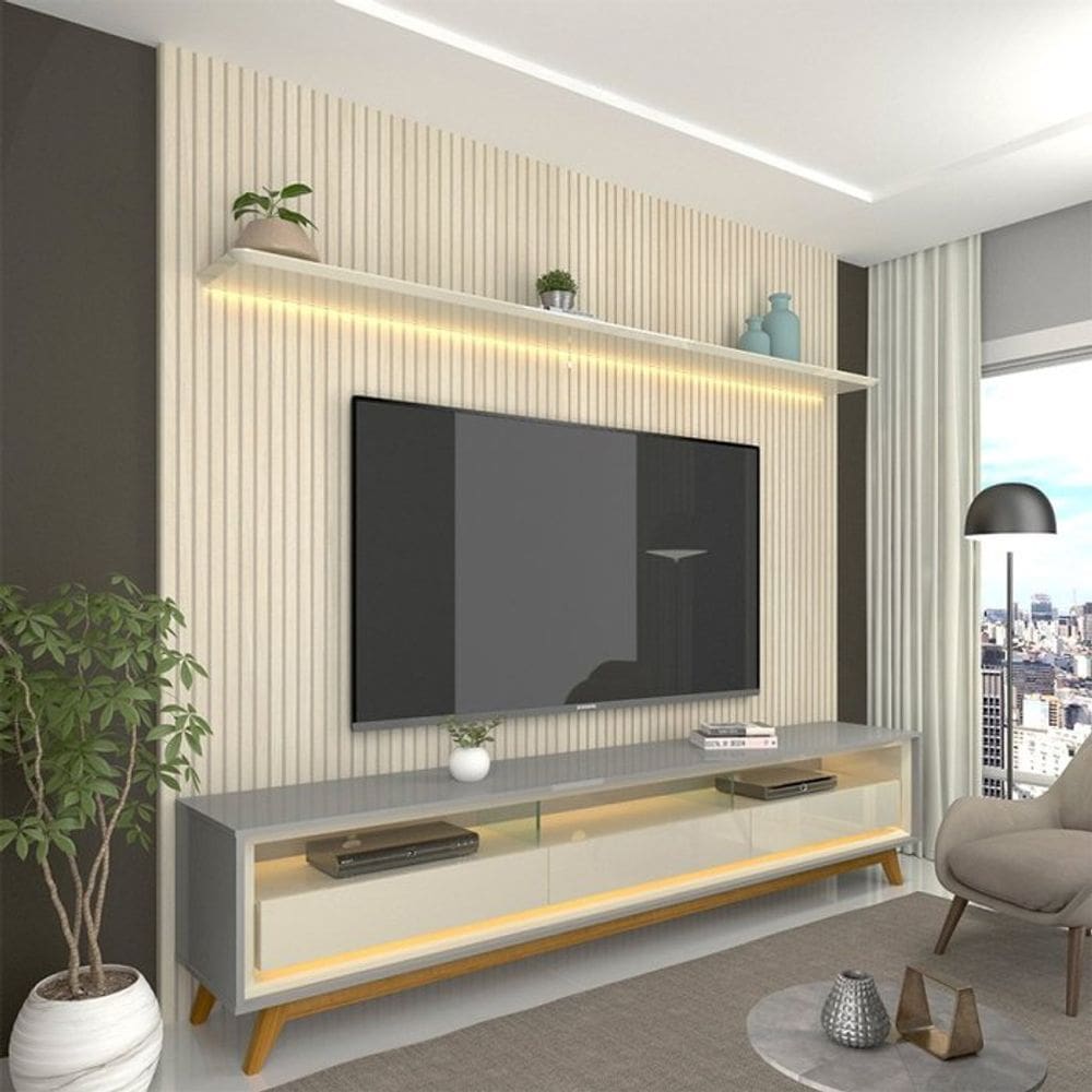 Rack com Painel para TV até 75 Polegadas com LED com Pés Requinte 220cm Gelius Móveis Off White Ripado/Cinza/Off White