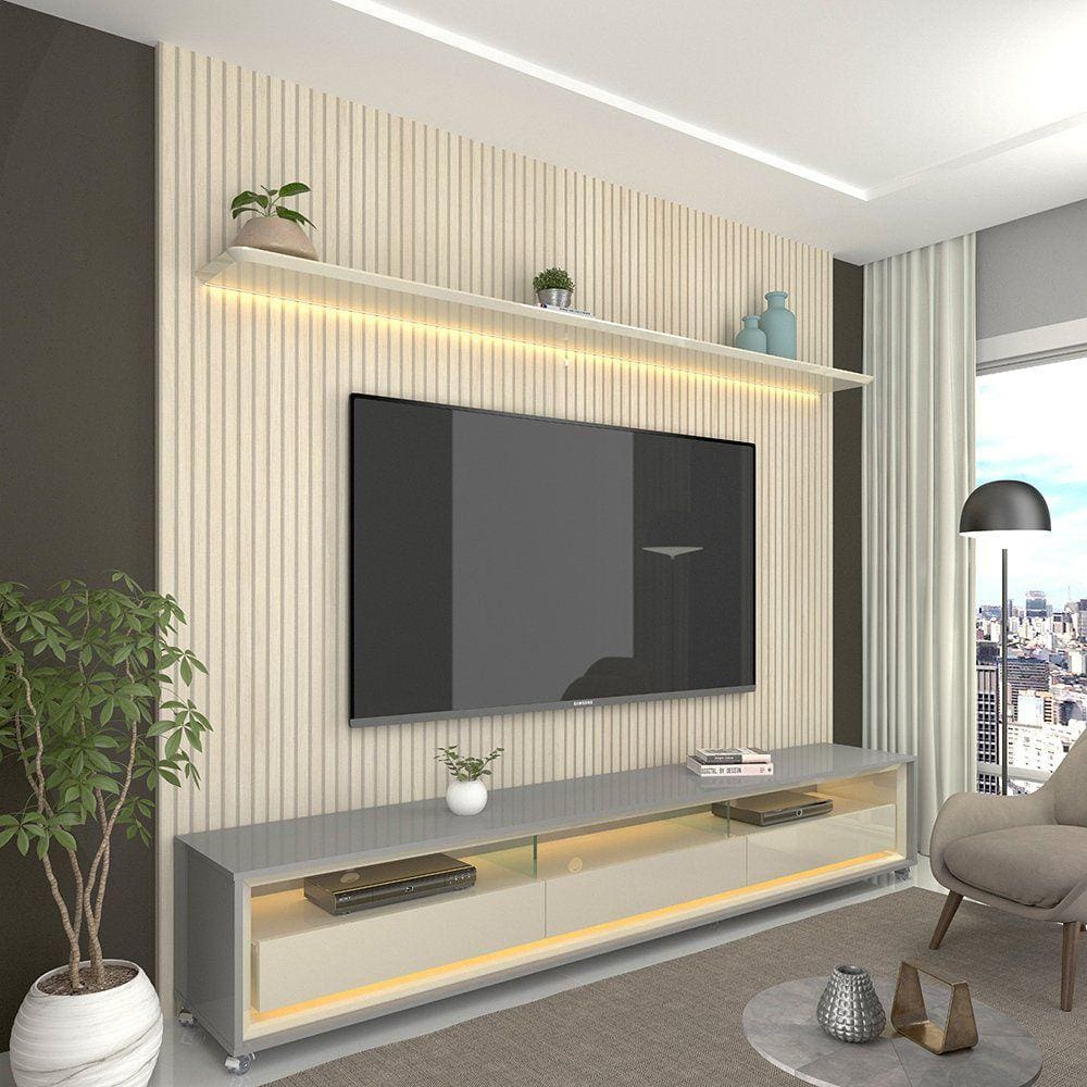 Rack com Painel Impressão Ripada para TV até 75 Polegadas com LED com Rodízios Requinte 220cm Gelius Móveis Cinza/Off White