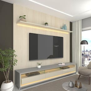 Rack com Painel Impressão Ripada para TV até 75 Polegadas com LED com Rodízios Requinte 220cm Gelius Móveis Cinza/Off White