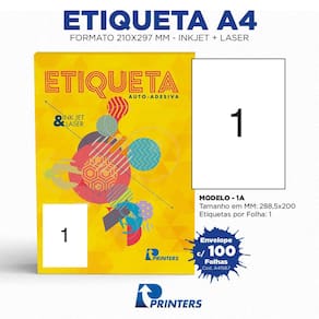 100 Folhas de Etiqueta Tamanho A4  Inkjet/laser  288,5 mm X 200,0 mm  Caixa com 100 Folhas e 100 Etiquetas PRINTERS