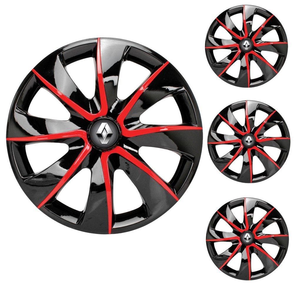 Jogo Calota Aro 14 Prime Black Red Elitte Preto Vermelho + Emblema Resinado Renault (Sandero Logan Clio Scenic Megane Kwid)