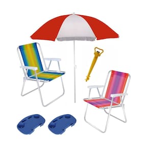 Kit Praia 2 Cadeira Alta Alumínio + Guarda Sol + 2 Mesa Portátil + Saca Areia - mor