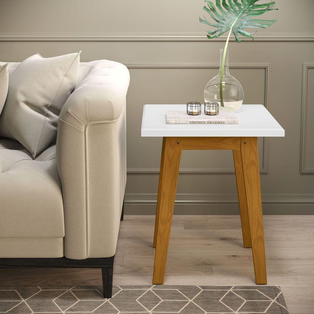 Mesa Lateral com Pés em Madeira Prism Branco Acetinado - Patrimar