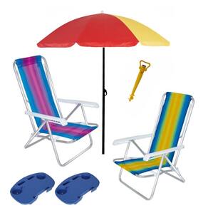 Kit Praia 2 Cadeira Reclinável 8 Pos Alum + Guarda Sol + 2 Mesa Portátil + Saca Areia - Mor