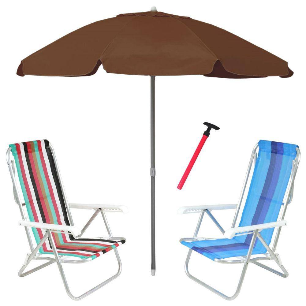 Kit Praia 2 Cadeira 8 Pos Alumínio Guarda Sol 2,4m Bagum Marrom Saca Areia Pressão - Belfix