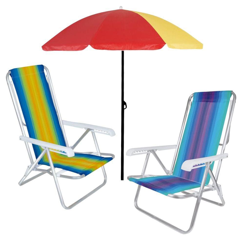 Kit 2 Cadeira Reclinável 8 Posições Alumínio + Guarda Sol 1,80 m Aço - Mor
