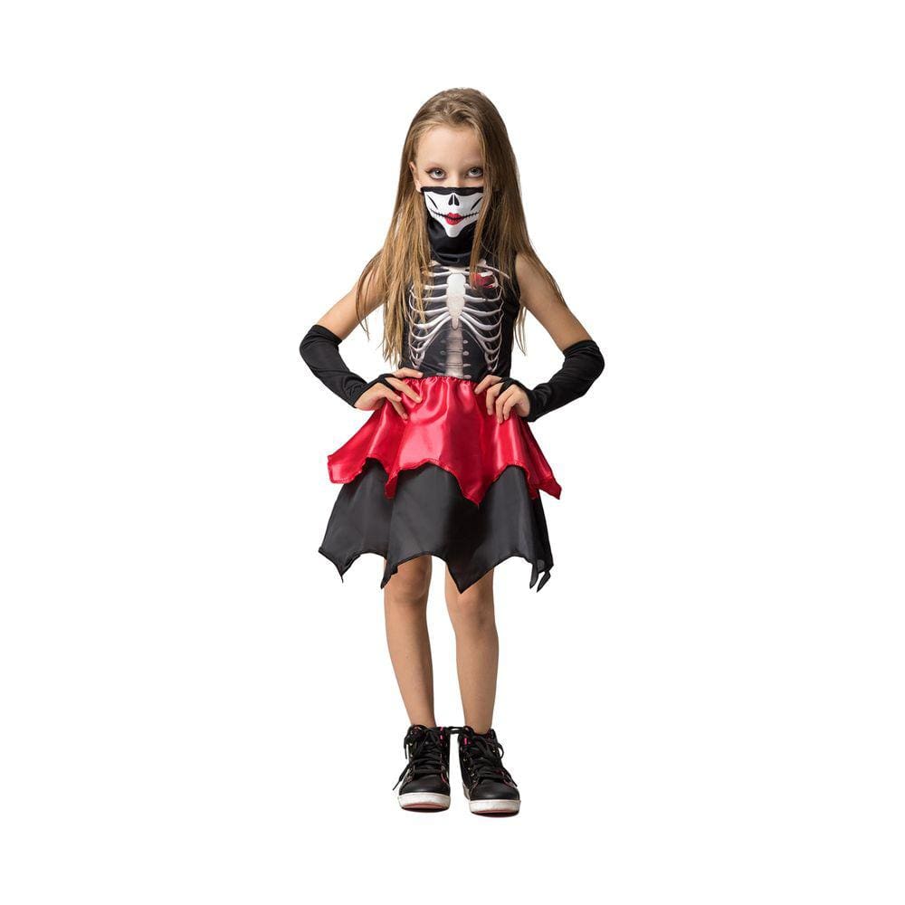 Fantasia Halloween Menina Ninja Caveira Vestido com Máscara