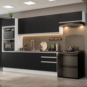 Armário De Cozinha Completa 100% Mdf 330cm 06 Branco/preto