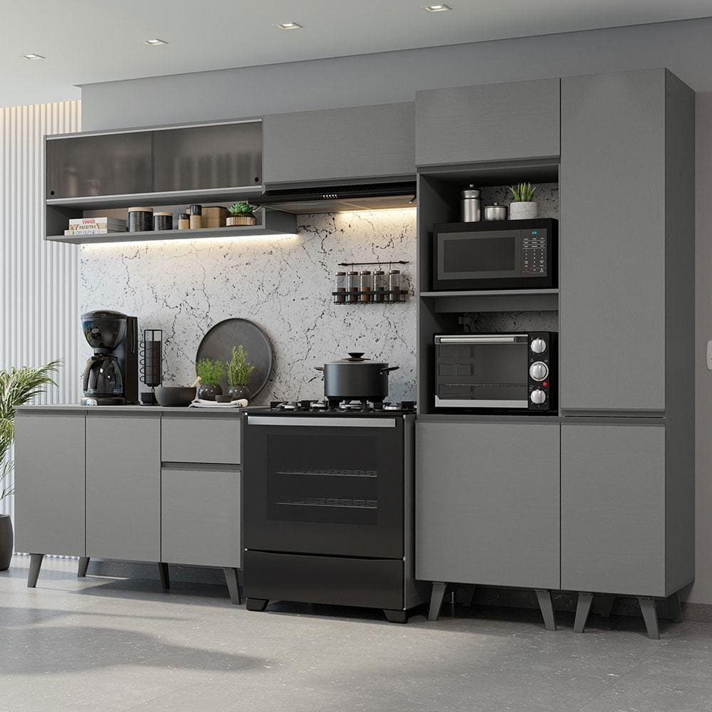 Armário De Cozinha Completa 300cm Cinza Nice Madesa 08 Cinza