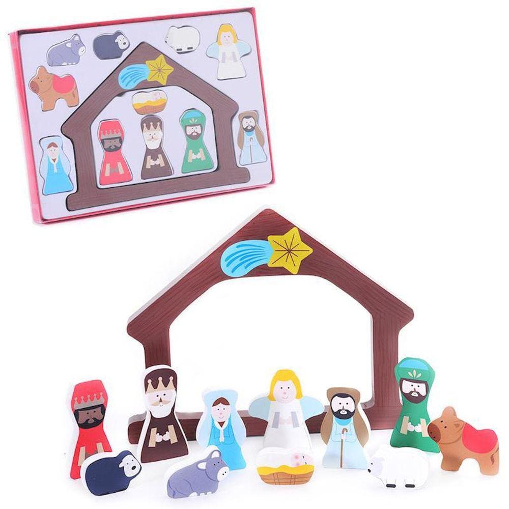 Presépio De Madeira Com Bonecos E Animais 12 Peças 20X18Cm