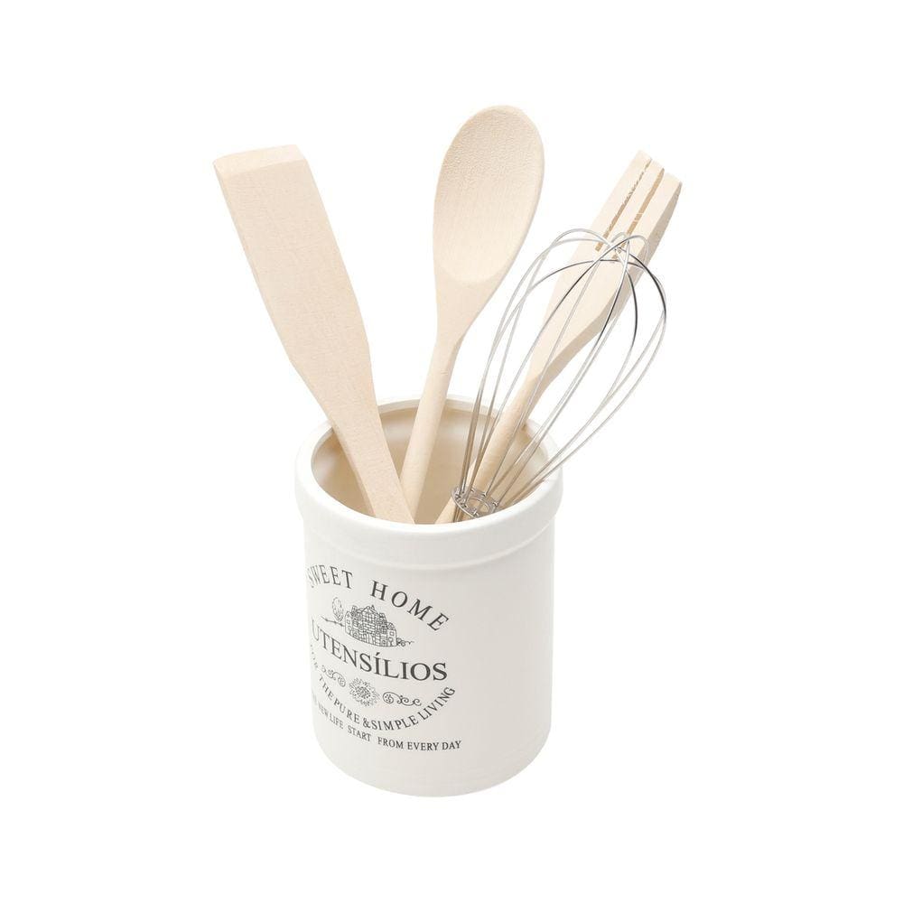 Conjunto 4 Utensílios Cozinha C/ Suporte Cerâmica Sweet Home Bon Gourmet