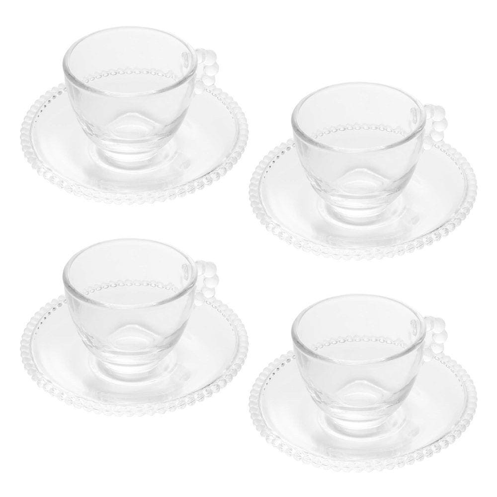 Cj 4 Xícaras P/Café C/Pires Cristal Pearl Bolinha Transparente 80ml Wolff