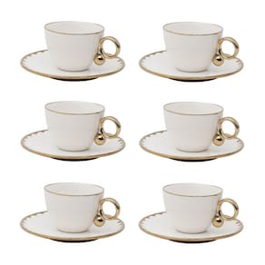Cj 6 Xícaras P/Chá C/Pires de Porcelana EGG Branco/Dourado 200ml Wolff