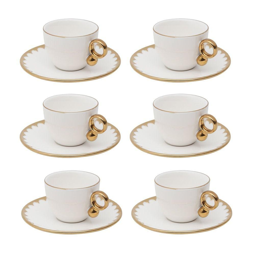 Cj 6 Xícaras P/Café C/Pires Porcelana EGG Branco/Dourado 90ml Wolff