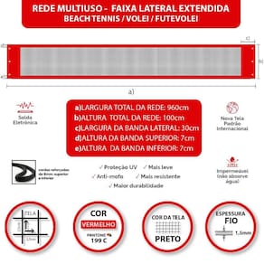 Rede Multiuso Zaka Volei Beach Futevolei com banda lateral Vermelha 9,60m x 1m